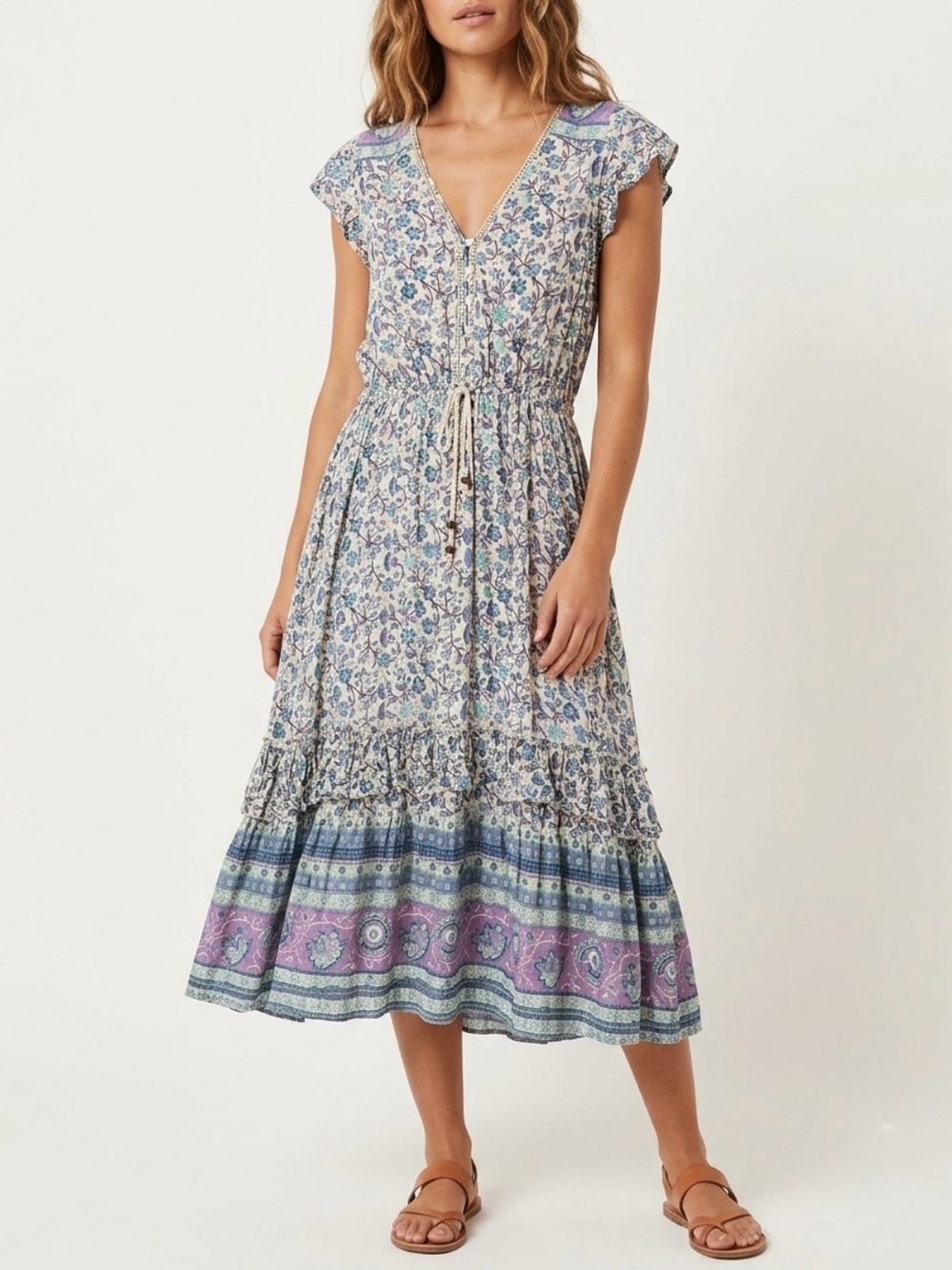 SPELL & The Gypsy Dahlia Tiered Midi Dress Floral Metallic Dusty Blue Purple S
